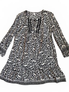 Old Navy Floral Deer Dress Women’s L Black & White Blouse Tie Neck Long Sleeve